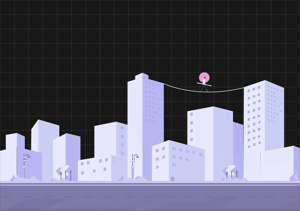 Man walking on tightrope between two buildings over city skyline